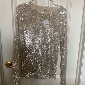 Free People Silver Cream Sequin Long Sleeve Tee
